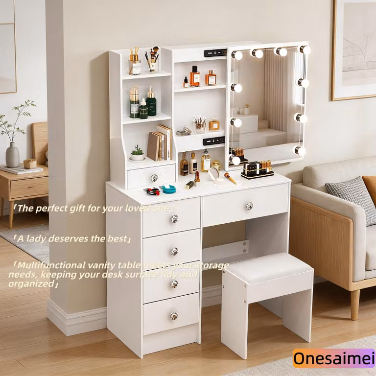Comò con specchio a LED - Bianco - In legno - Comò moderno per il trucco - Con cassetti - Ideale per l'arredamento della camera da letto