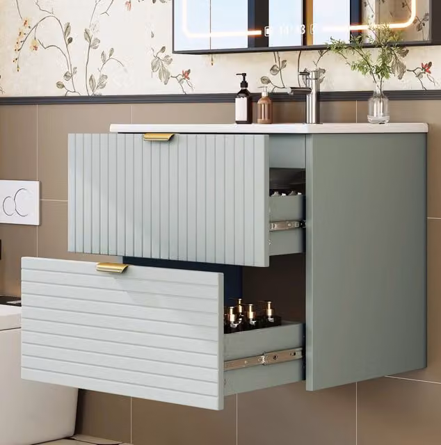 Mobile bagno sospeso 61x46x57 cm in MDF laccato, lavello integrato, 2 cassetti silenziosi, colore verde menta