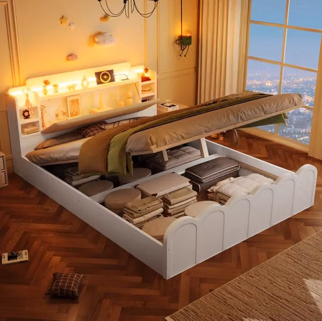 Letto MODFU una piazza e mezza con contenitore idraulico, illuminazione LED e porte USB, bianco
