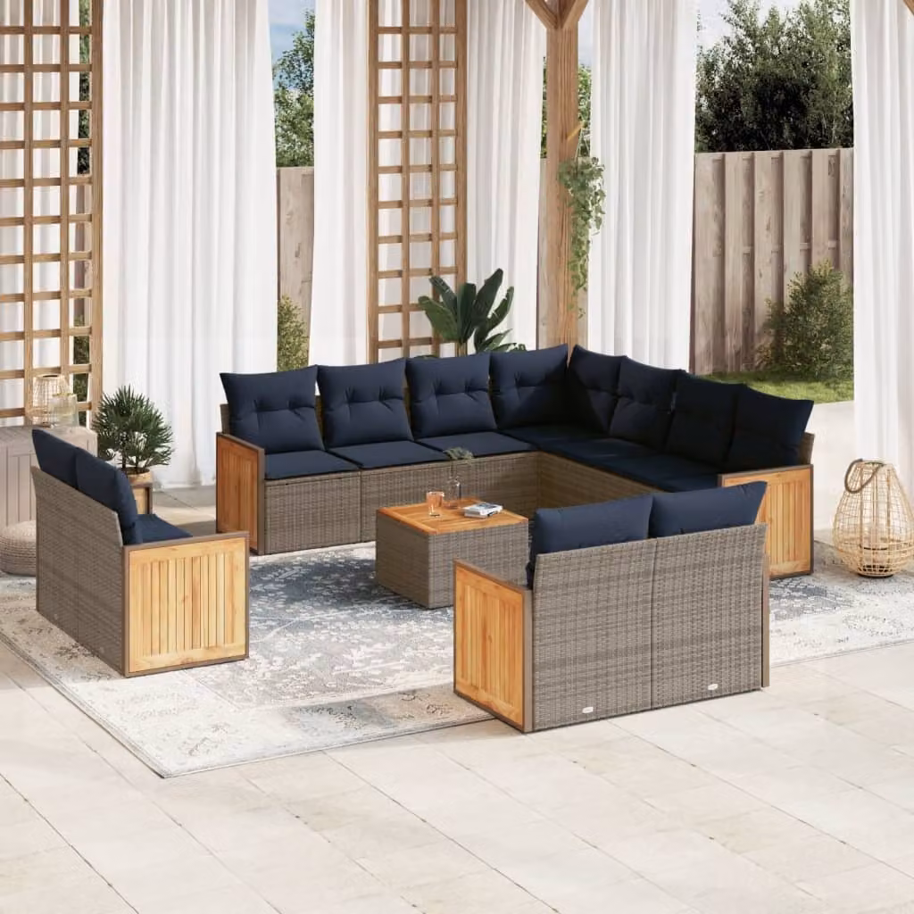 Set di divani da giardino vidaXL in polyrattan a forma di U con cuscini grigi e blu e tavolino da caffè per esterno