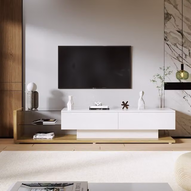 Mobile TV Moderno Aosom in Bianco Lucido e Legno con Pannelli in Vetro e Illuminazione LED L: 170 cm, P: 38 cm, H: 36 cm – 1