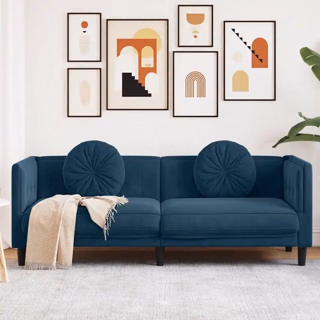 Divano a 3 posti moderno vidaXL in velluto blu con cuscini e struttura in legno massiccio L: 193.5 cm, P: 77.0 cm, H: 70.0 cm