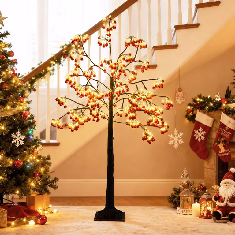 COSTWAY Albero di luci a LED 150 cm, albero luminoso con 480 LED bianchi caldi e 384 fiocchi rossi, albero decorativo con rami pieghevoli, decorazioni natalizie