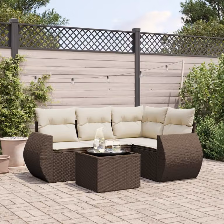 vidaXL Set Divano da Giardino 5 pz a L con Cuscini Marrone e Bianco in Polyrattan e Metallo