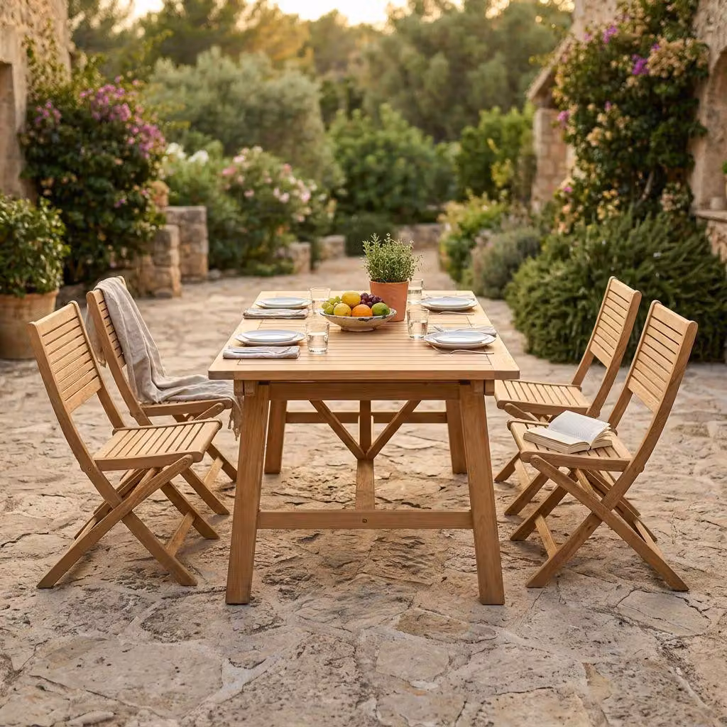 Milani Home - Set tavolo e sedie da giardino per esterno in legno resistente di teak cm 160/240x90x77 h con 4 sedute - Marrone