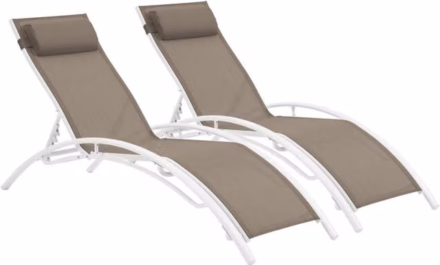 Set di 2 lettini prendisole Beauty PHOENIX in alluminio color talpa con tessuto textilene beige e marrone e poggiatesta regolabile – 1