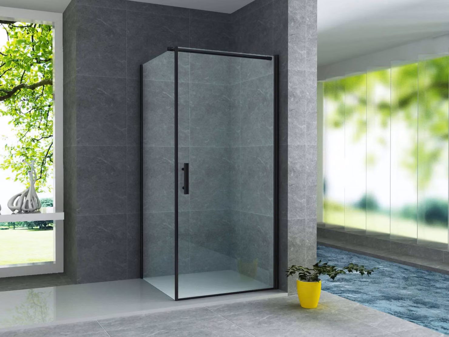 Cabina doccia Belvit con porta a battente, vetro di sicurezza da 6 mm, finitura nera opaca, con parete laterale, dimensioni 90x90x190 cm