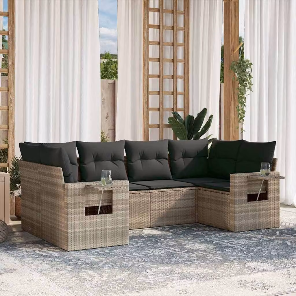 Set Divano da Giardino a L vidaXL in Polyrattan con Cuscini Grigio Chiaro, 6 Pezzi