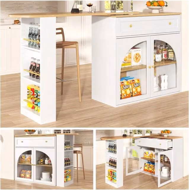 Tavolo bar allungabile bianco con ripiano girevole a 360° e vano portaoggetti, dimensioni 138-204x39x104 cm, moderno mobile alto da cucina o bistrot con mensole e vetro