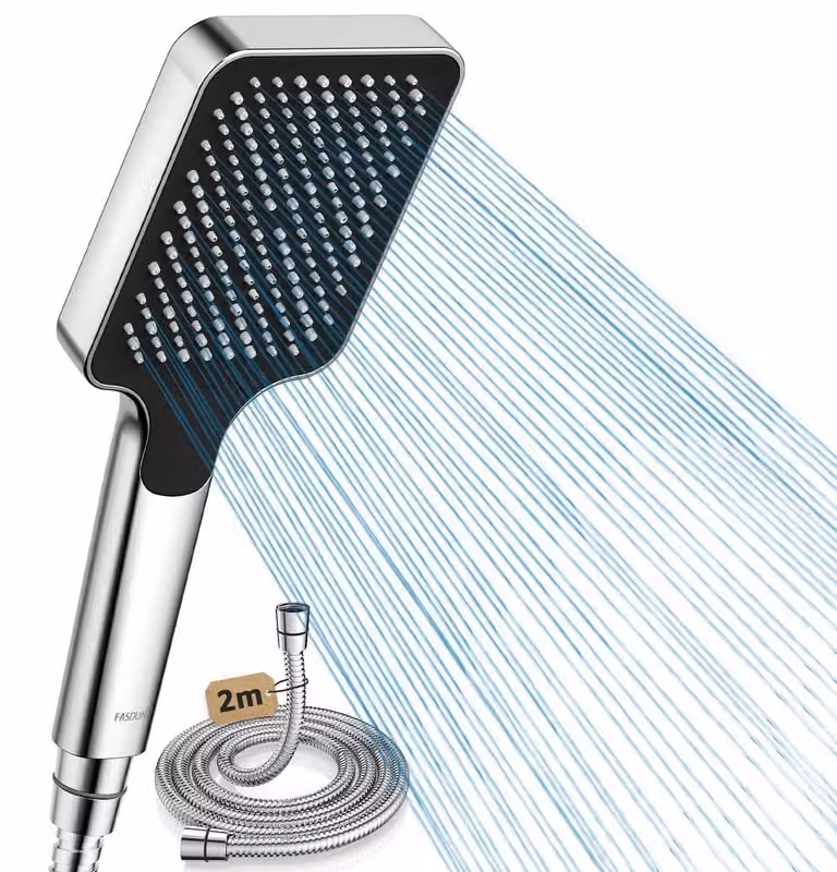 Doccia con tubo da 2 metri, soffione a pioggia ad alta pressione, limitatore di flusso da 9,5 litri/minuto, risparmio idrico del 40%, colore argento