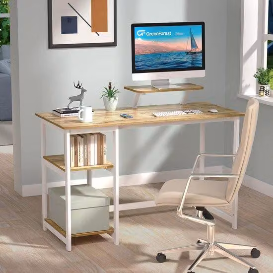 Postazione computer con supporto per monitor e ripiano ribaltabile, scrivania per PC in rovere moderno da 120 cm