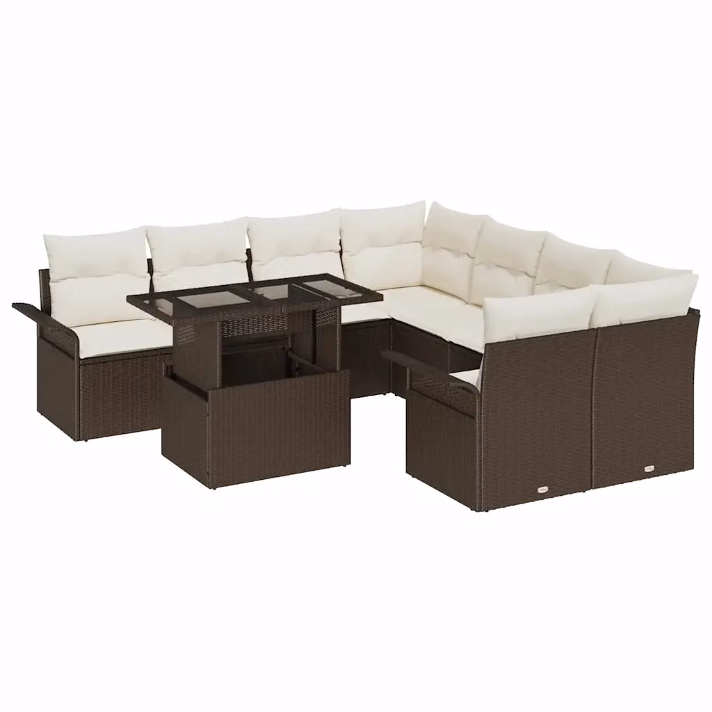 Set Divano da Giardino vidaXL 9 Pezzi Marrone con Tavolino e Cuscini in Rattan e Acciaio Verniciato a Polvere – 2