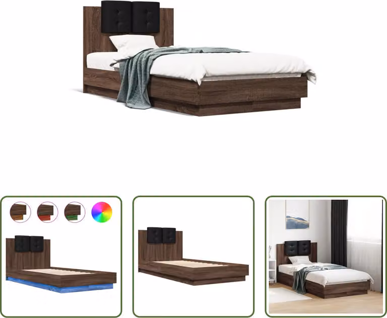 The Living Store Struttura letto con testiera e luci LED in rovere marrone 90x190 cm