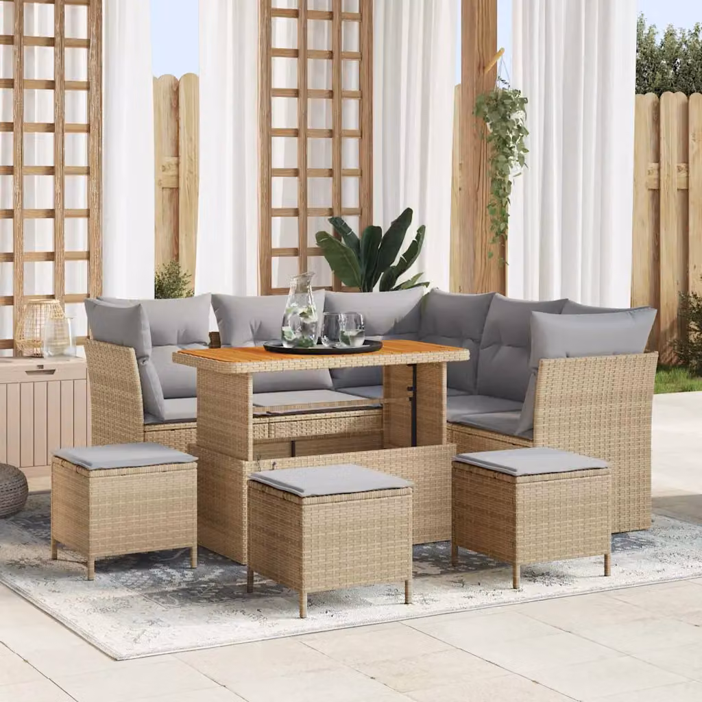 Set Divano da Giardino vidaXL 9 Pezzi Beige con Cuscini e Tavolino in Polyrattan e Acciaio – 1