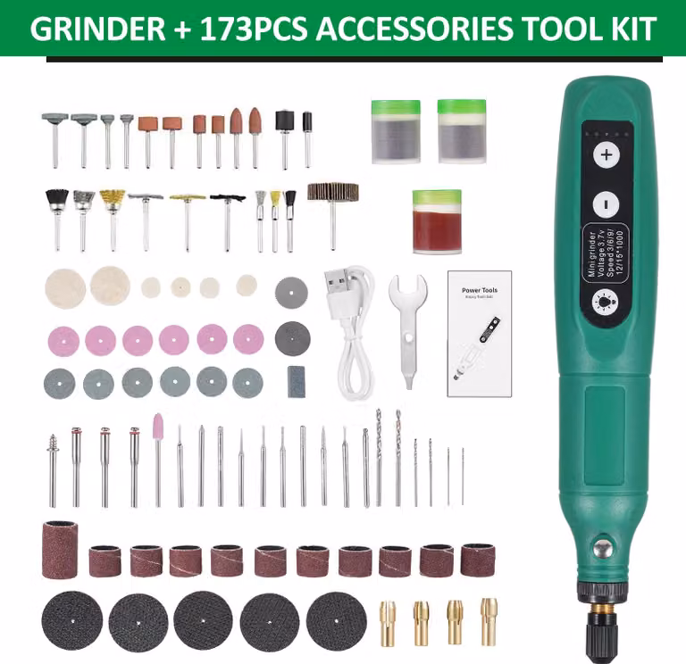 Utensile rotante senza fili da 173 pezzi, alimentazione Li-Ion da 3,7 V, 5 velocità variabili, ricarica USB, versatile per lavori di bricolage leggeri