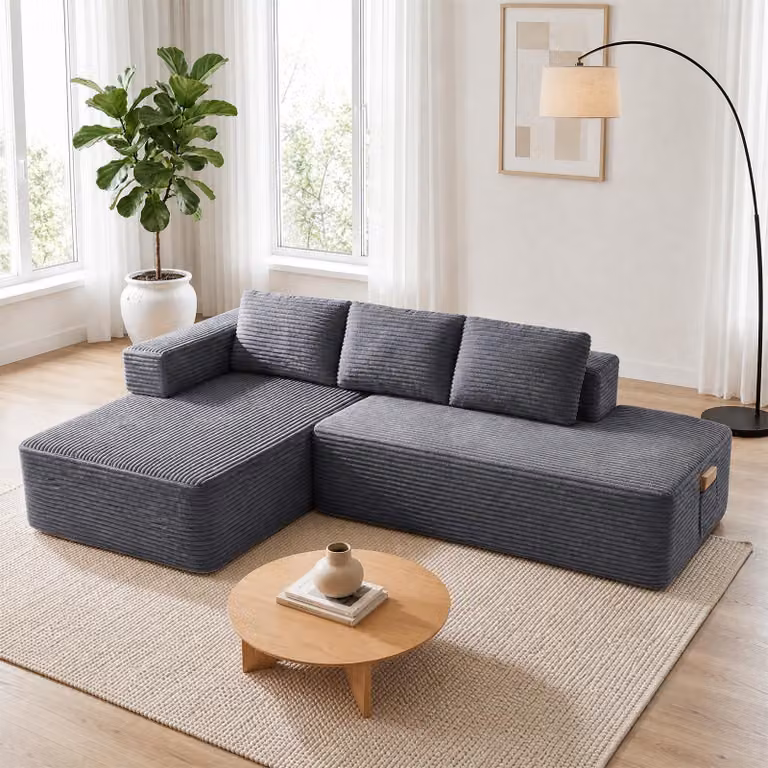 Divano componibile modello Ecksofa, con funzione letto, 255 cm, rivestito in velluto. Divano modulare "Boneless" con chaise longue e struttura in metallo per lo schienale. Divano a L con funzione letto e struttura aperta