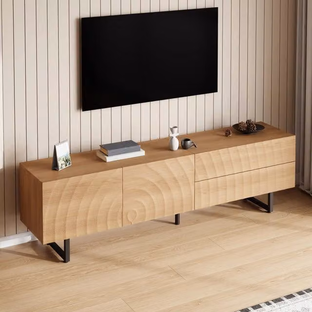 Mobile TV Mivray beige con ante a texture ondulata 3D, due cassetti e passacavi, L/P/H: 180 x 38 x 51.5 cm