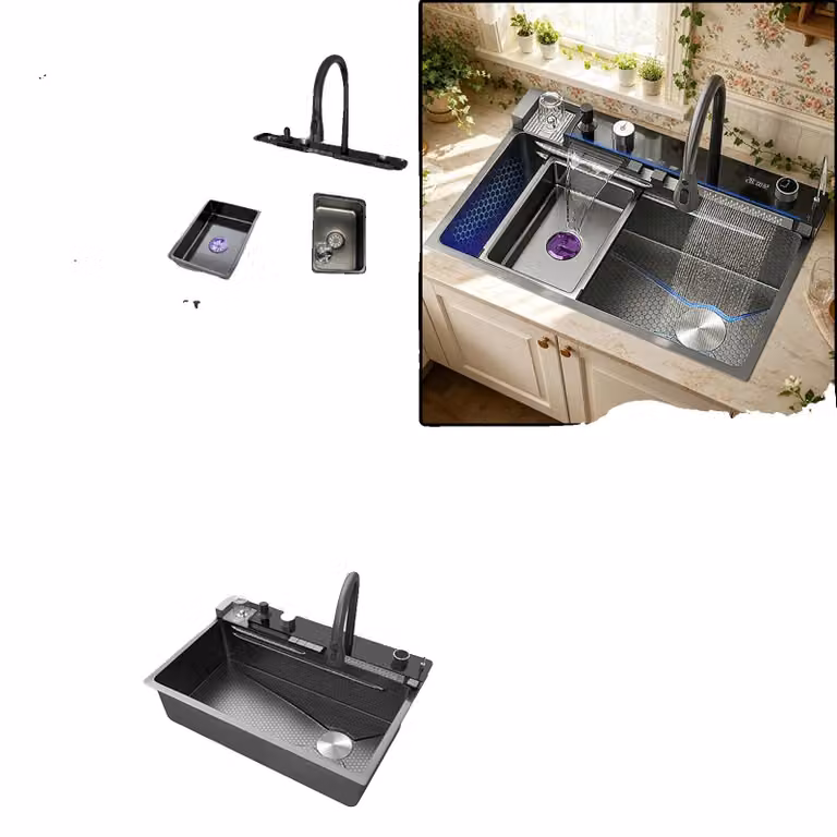 Lavello da cucina, acciaio inossidabile, vasca singola, modello FM-6846CM-SET, lato destro