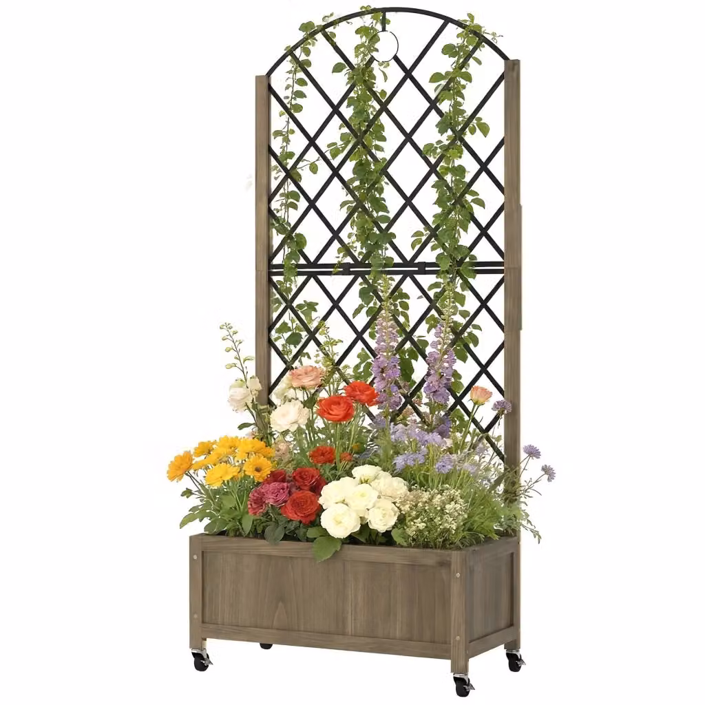 Fioriera zephmum in legno e metallo con griglia per piante rampicanti e ruote, marrone e nero, L: 72 cm, P: 36 cm, H: 168 cm – 2