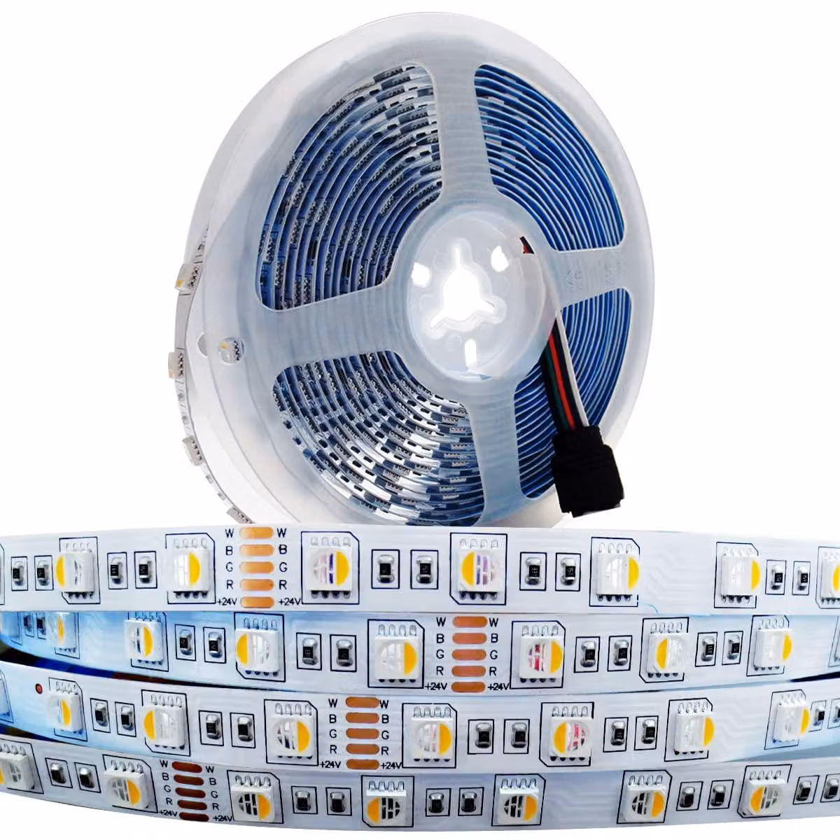 Striscia LED da 5 metri, RGBWW (colore RGB più bianco caldo) con temperatura di colore 3000K, 300 LED SMD 5050, alimentazione 24V