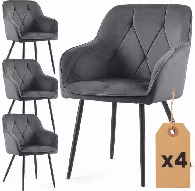Set di 4 Sedie in velluto trapuntato DIAMANTE Grafite gambe nere