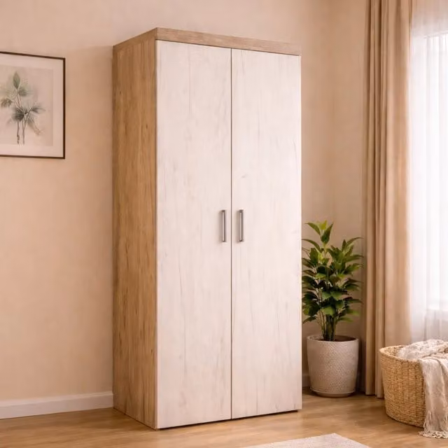 Armadio da camera da letto Egna DMORA con 2 ante, cassetti interni e appendiabiti, Bianco Larice, L: 80 cm, H: 202 cm