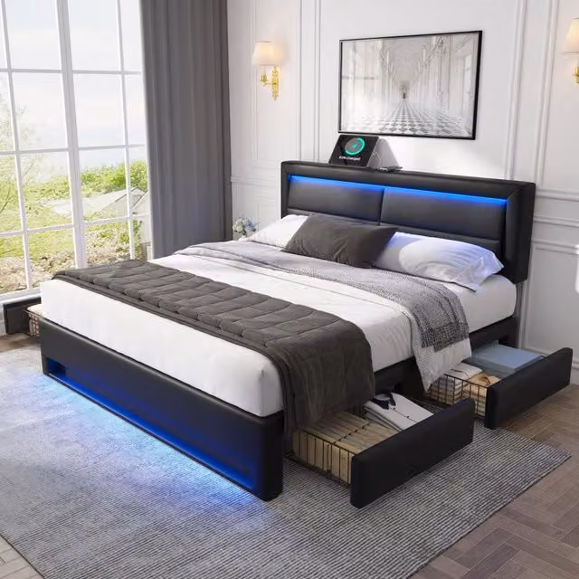 Letto matrimoniale imbottito 140 × 200 cm, USB, ricarica senza fili, LED e 4 cassetti, senza materasso, in PU, nero