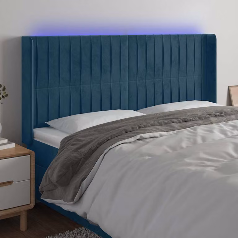 Testiera per letto vidaXL in velluto blu con illuminazione LED integrata e porta di ricarica USB, L 183 cm, P 16 cm, H 118/128 cm