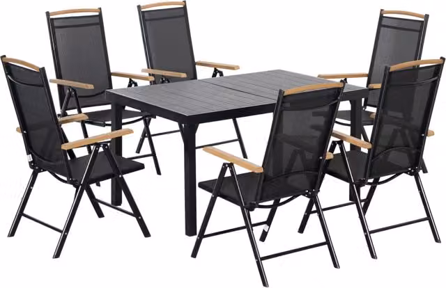 Set di mobili da giardino pieghevoli per 6 persone: 1 tavolo + 6 sedie, rete in alluminio, nero