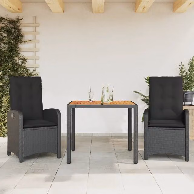 Set da Pranzo da Giardino 3 pz con Cuscini Nero in Polyrattan 3212230