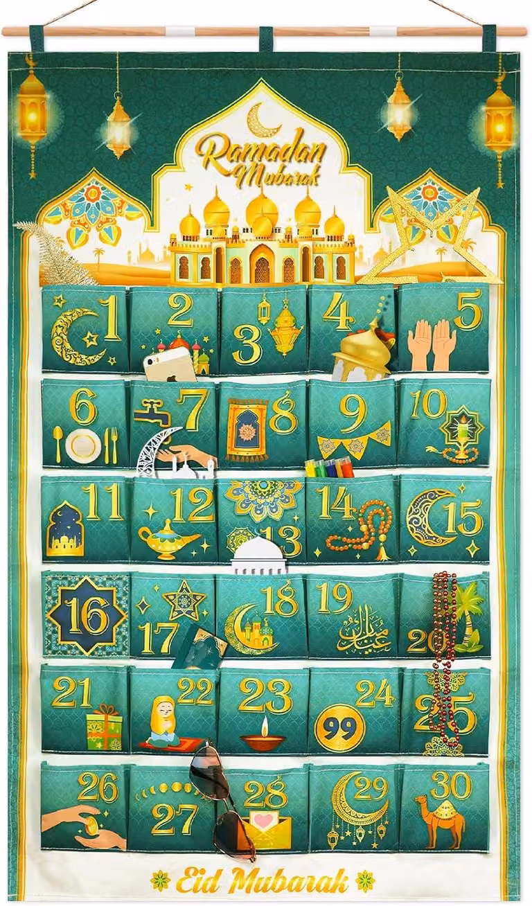 Calendario del Ramadan con tasche - Tessuto riutilizzabile - Ramadan - Calendario dell'Avvento - Vuoto, da riempire - Da appendere al muro - Per la casa - Ramadan - Decorazione