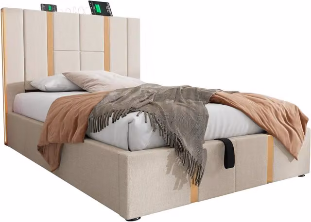 Letto singolo 90x200 imbottito con contenitore; LED RGB e USB-C; rivestimento beige in lino