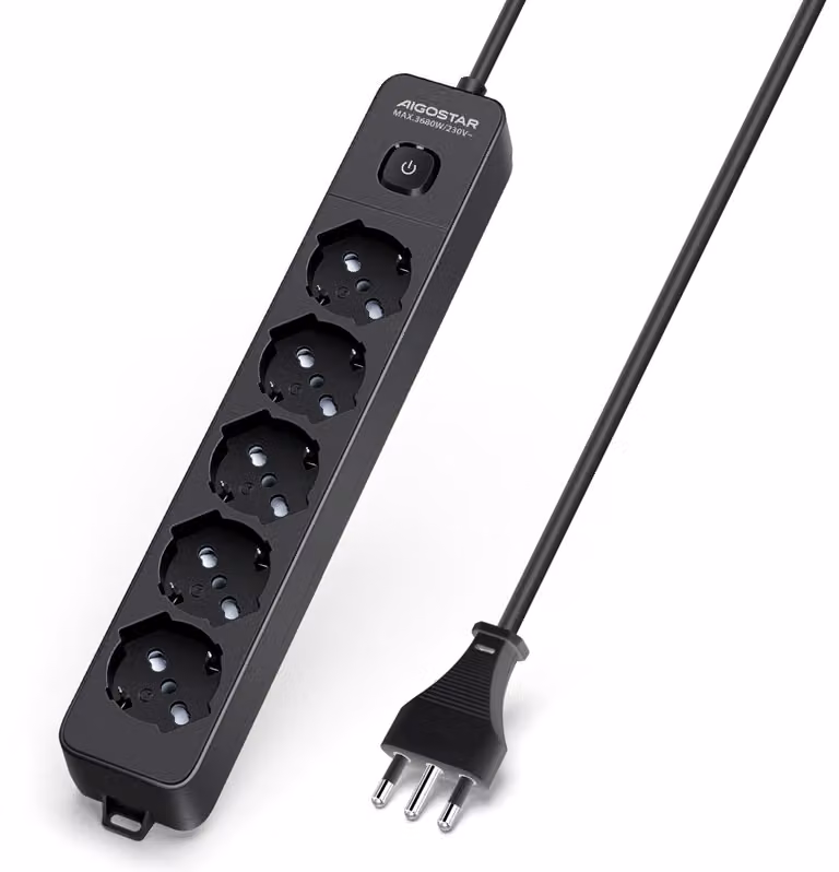 Ciabatta multipresa Aigostar, con 5 prese, interruttore, 250 V/3680 W, cavo da 1,5 metri. Colore: nero
