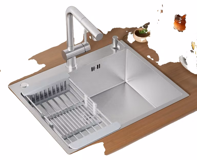 Lavello da cucina, struttura in acciaio inossidabile, proprietà di riduzione del rumore, finitura cromata