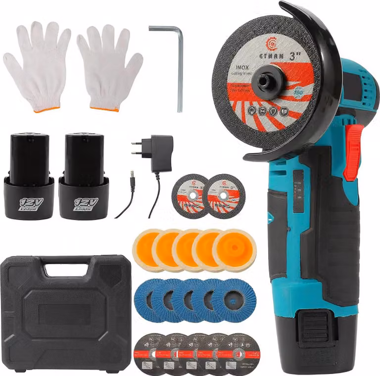 Smerigliatrice angolare mini da 12V - Lucidatrice elettrica - 2 batterie - Ricaricabile - Ideale per riparazioni auto, levigatura e taglio - Spina di tipo EU