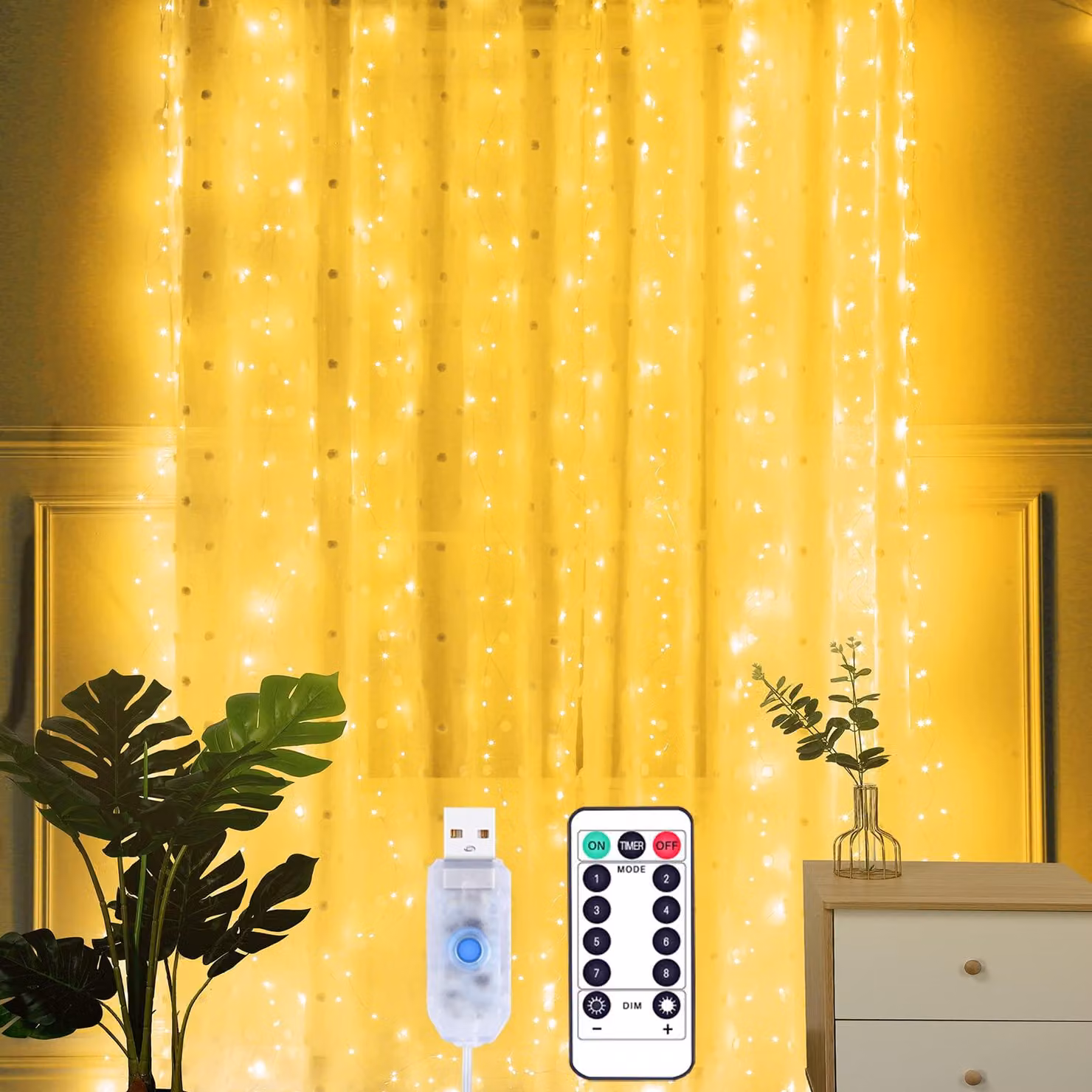 Tenda luminosa a LED, 3x2 metri - Luce bianca calda - 200 LED - Alimentazione tramite USB - Per interni - Decorazione a forma di fiocchi di neve