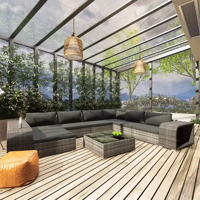 Set di divani da giardino vidaXL a forma di L con cuscini e tavolino, colore grigio