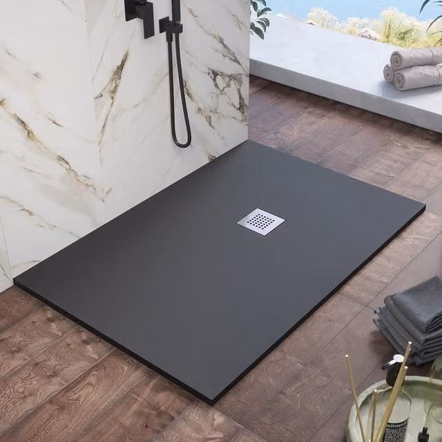 Piatto doccia rettangolare Kos in marmoresina nero effetto pietra antiscivolo L: 90 cm, P: 70 cm