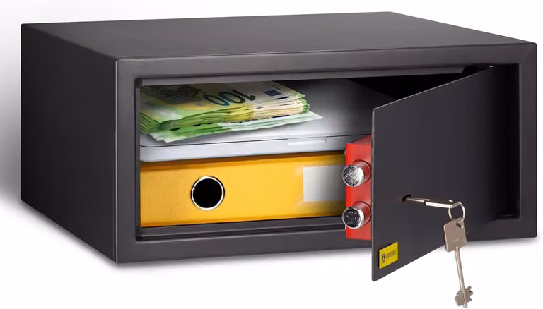 Armadietto di sicurezza con serratura a chiave, dimensioni 20x44,2x38 cm, colore nero opaco, ideale per laptop e oggetti di valore