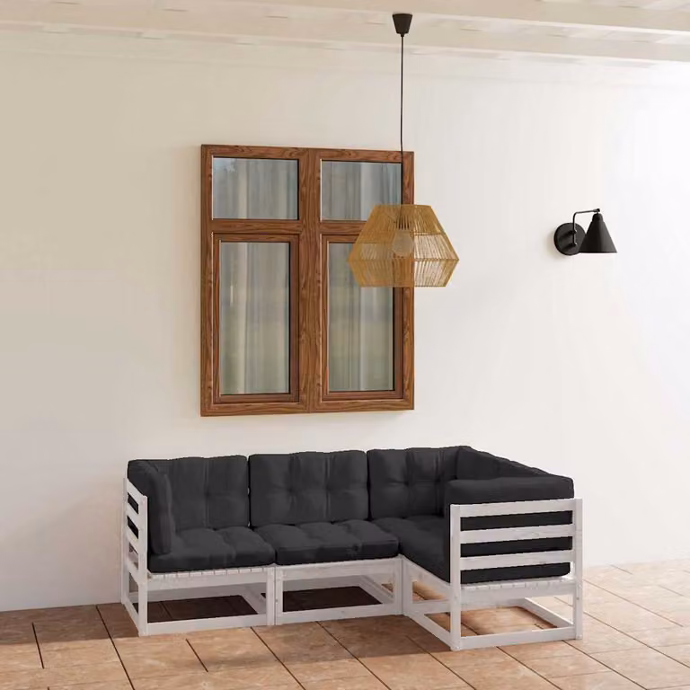 Set di divani da giardino vidaXL a forma di L composto da 4 pezzi in legno massello di pino con cuscini imbottiti in tessuto per esterni disponibile in bianco, antracite o grigio