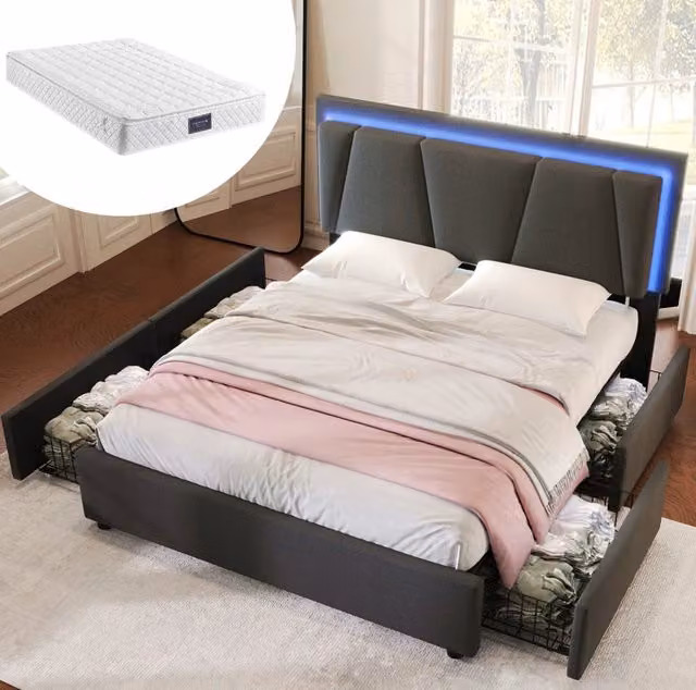 Letto matrimoniale MODFU con contenitore, 4 cassetti e illuminazione LED, grigio, L/P: 160 x 200 cm – 1