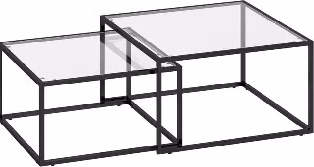 Set 2 Tavolini da Salotto Rotondi con Piano in Vetro Temperato e Struttura in Metallo Nero