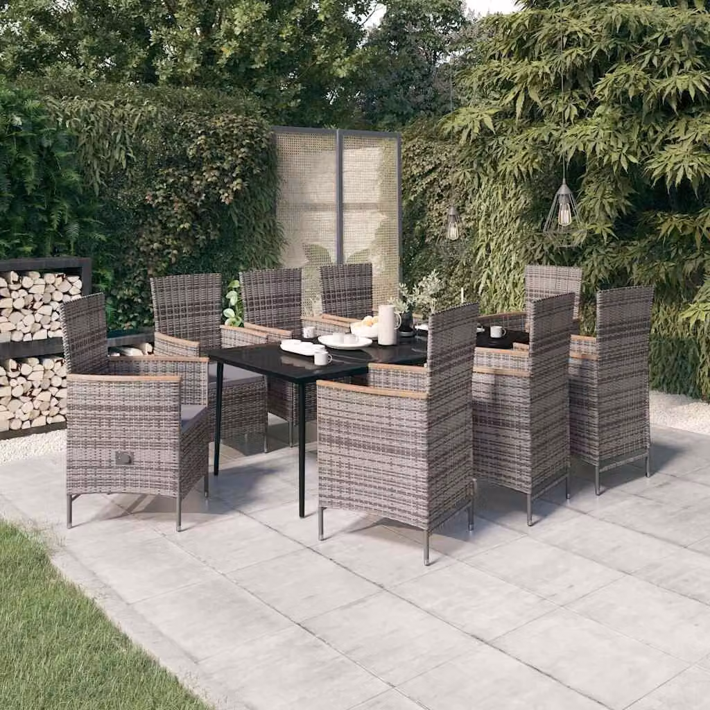 Set da pranzo da giardino vidaXL in polyrattan e legno di acacia con cuscini, 9 pezzi, Grigio e Nero