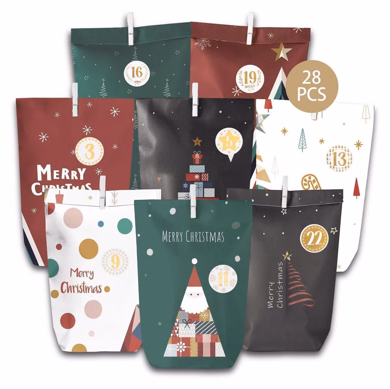 Set per creare un calendario dell'Avvento fai-da-te: 28 sacchetti di carta con adesivi numerati, graffette di legno e corda di iuta