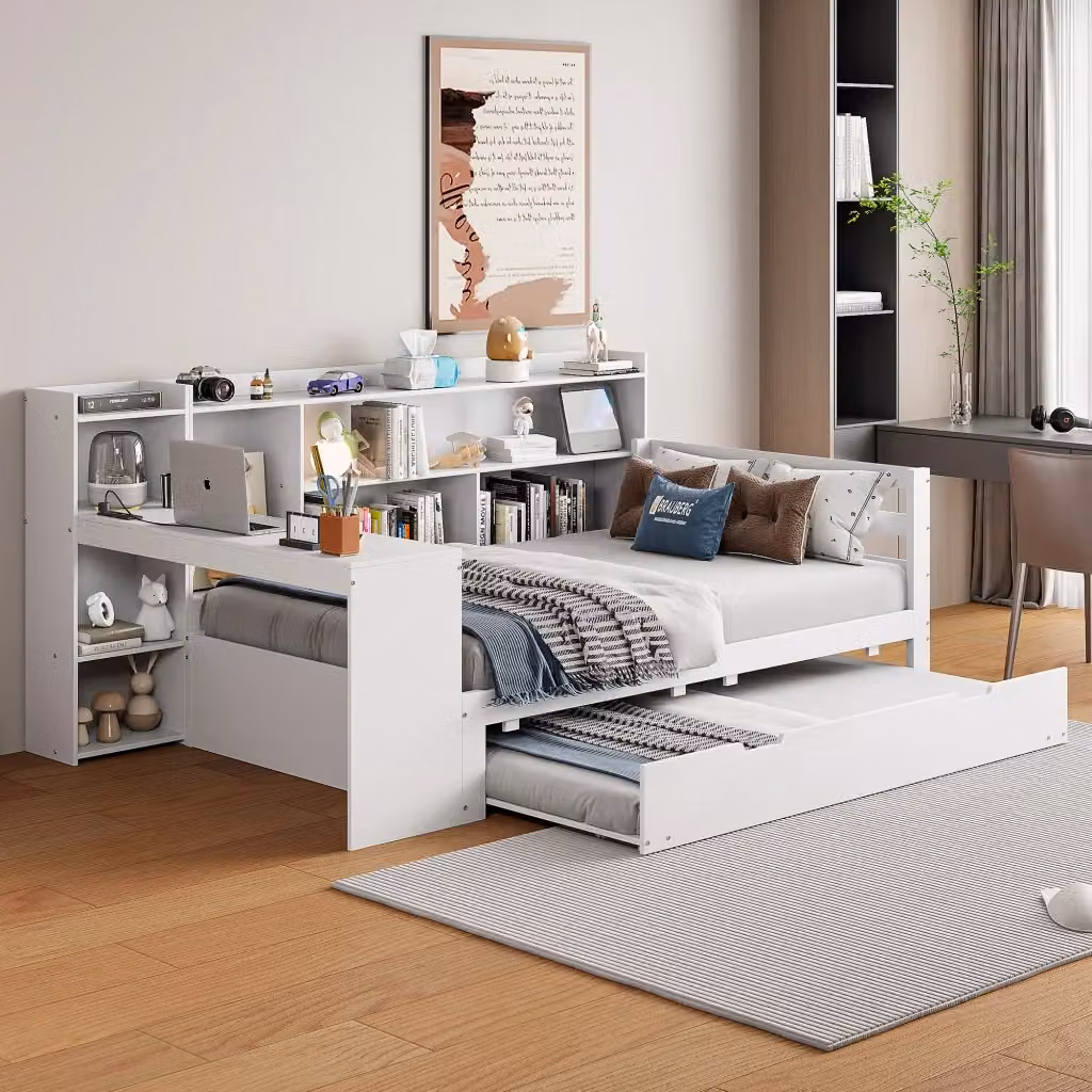 Letto multifunzione WISHDOR in legno massello di pino bianco con letto estraibile, scrivania, librerie, vani contenitore e presa USB, L/P/H: 245.5 x 120.0 x 114.5 cm – 2
