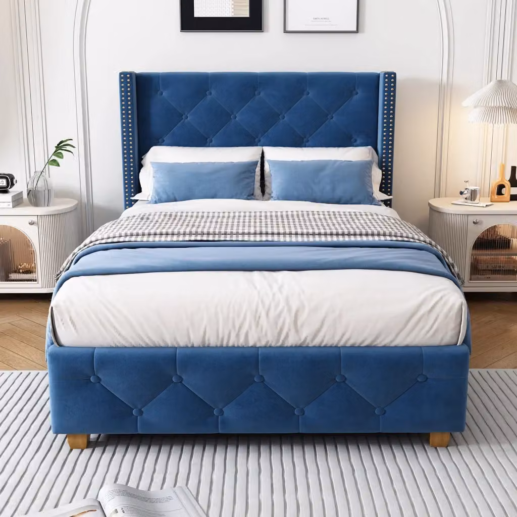 Letto singolo OKWISH imbottito in velluto blu con testiera, L/P/H: 90 x 200 x 120 cm – 2