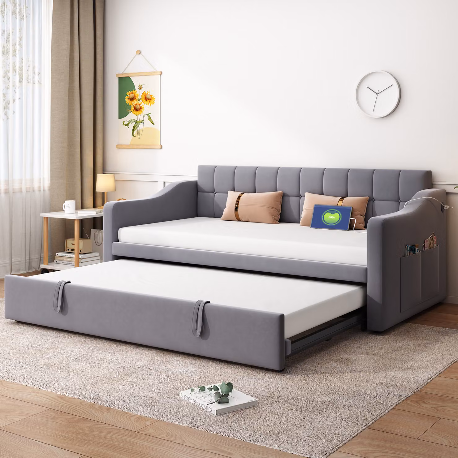 MODFU Divano letto imbottito 2 in 1, divano letto multifunzionale, 90/180 x 190 cm, divano letto con presa di corrente e tasca portaoggetti, senza materasso, tessuto in velluto, grigio