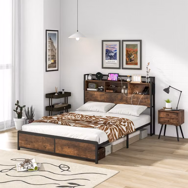 Letto a piattaforma Costway in metallo marrone con testiera contenitore, ripiani laterali e porta di ricarica USB, L/P/H: 223 x 163 x 112 cm