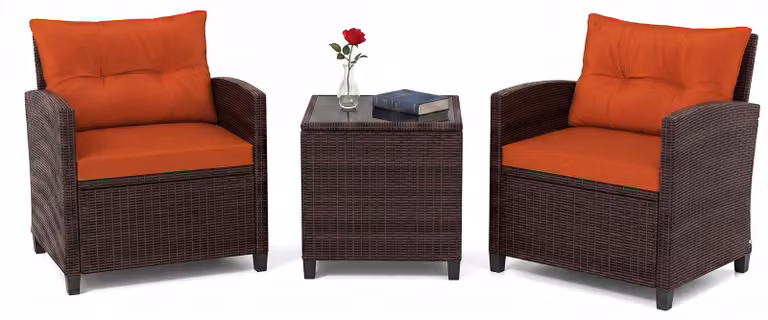Set di mobili da giardino in rattan KOMFOTTEU, set di mobili da lounge per esterni con 2 poltrone, 1 tavolino, cuscini per seduta e schienale, mobili per balconi piccoli, mobili da lounge per giardino, mobili per terrazza per 2 persone