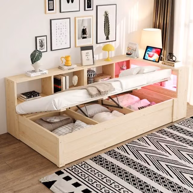 Letto singolo 90 × 200 cm con presa multifunzione, luce LED, vani contenitore e senza materasso, legno naturale